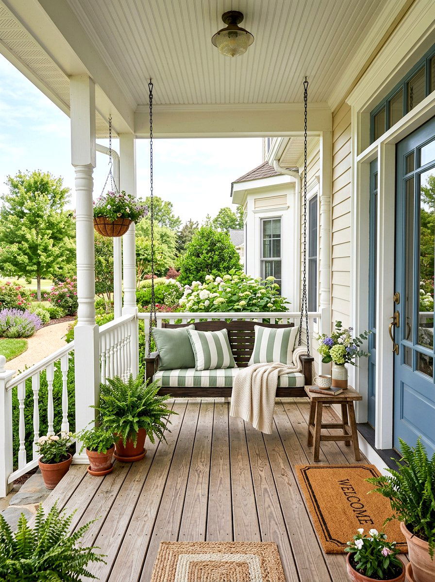 Green Stripe Porch Swing - 30 cabana stripe patio ideas