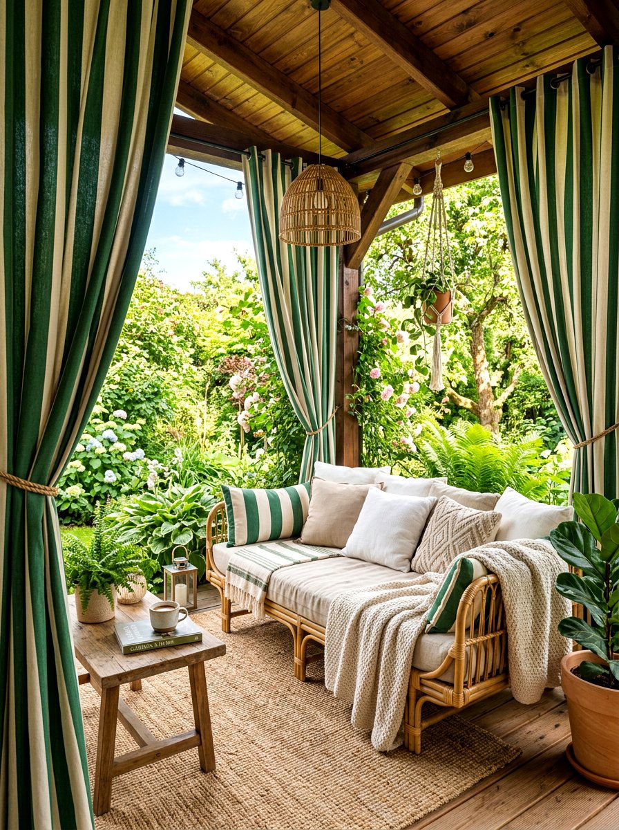 Green Striped Outdoor Curtain - 30 striped summer porch ideas