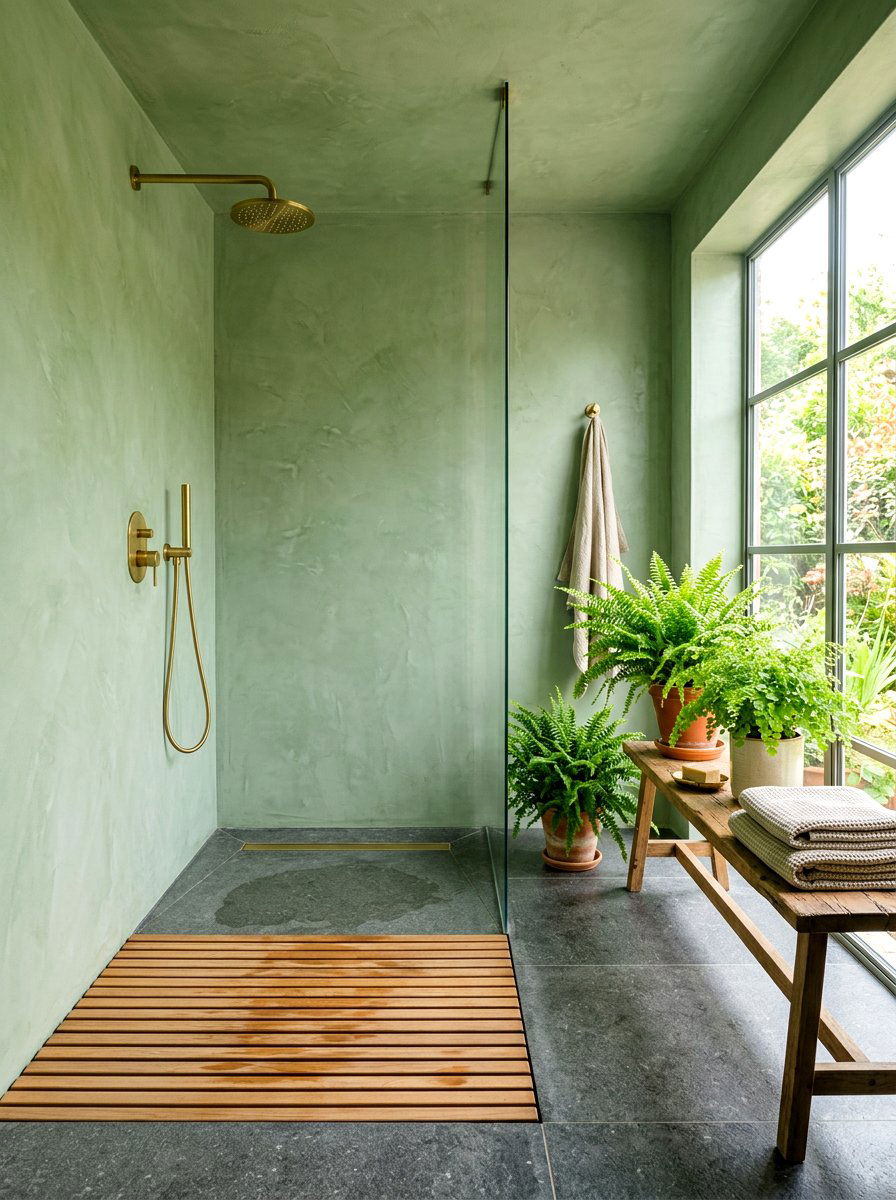 Green Tadelakt Wet Room - 30 tadelakt bathroom ideas