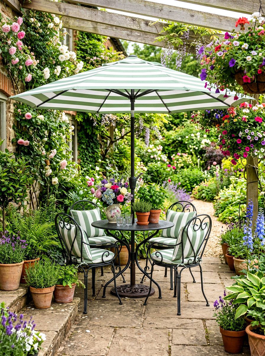 Green White Striped Umbrella - 30 striped porch umbrella ideas