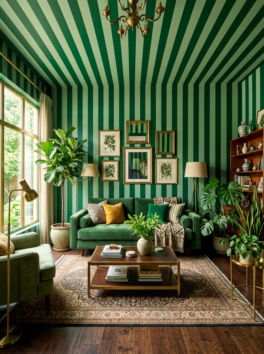 Green Wide Stripe Living Room - 30 stripe drench room ideas