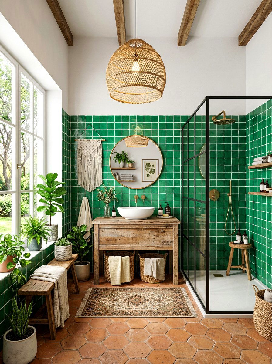 Green Zellige White Grout - 30 light grout bathroom ideas
