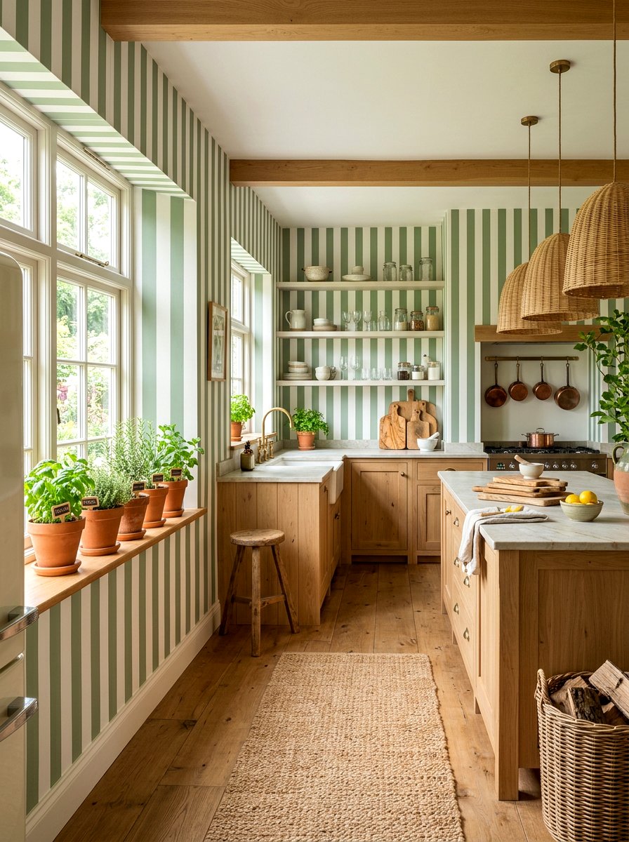 Green and white coastal striped kitchen - 30 striped kitchen wallpaper ideas