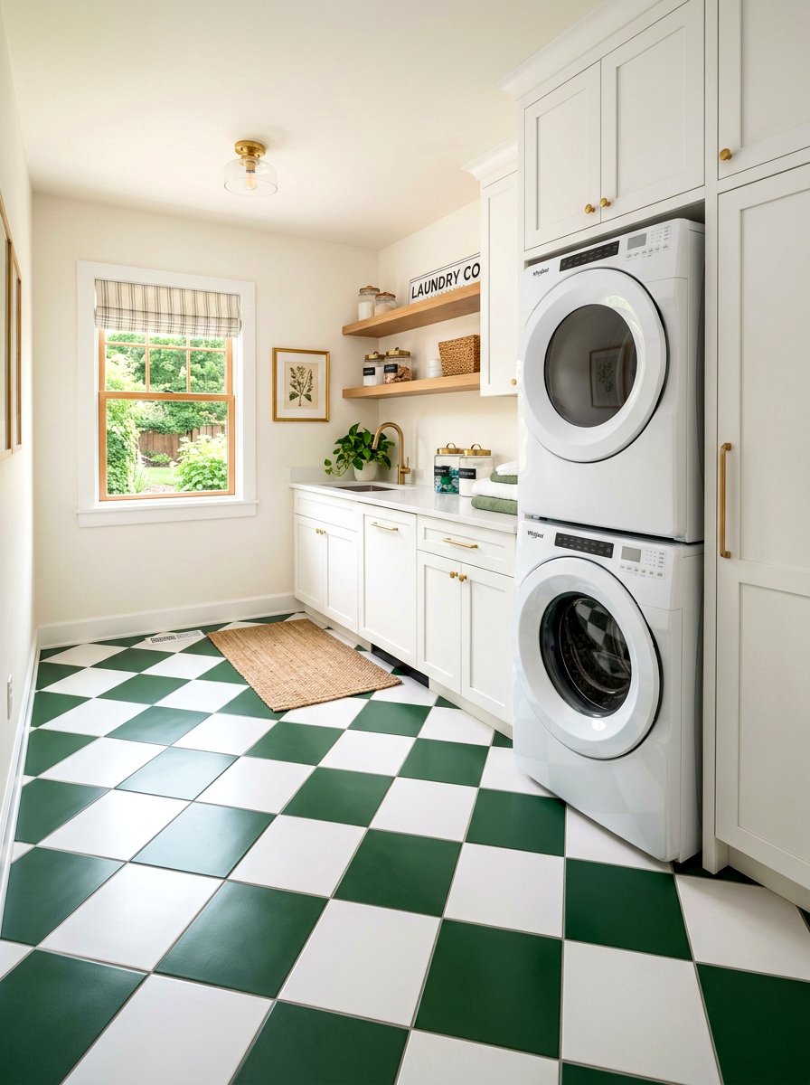 Green and white laundry room floor - 30 checkerboard decor ideas