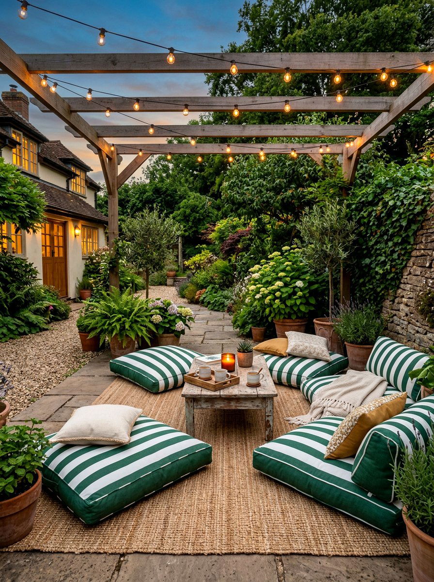 Green and white striped floor cushions - 30 green and white stripe patio ideas
