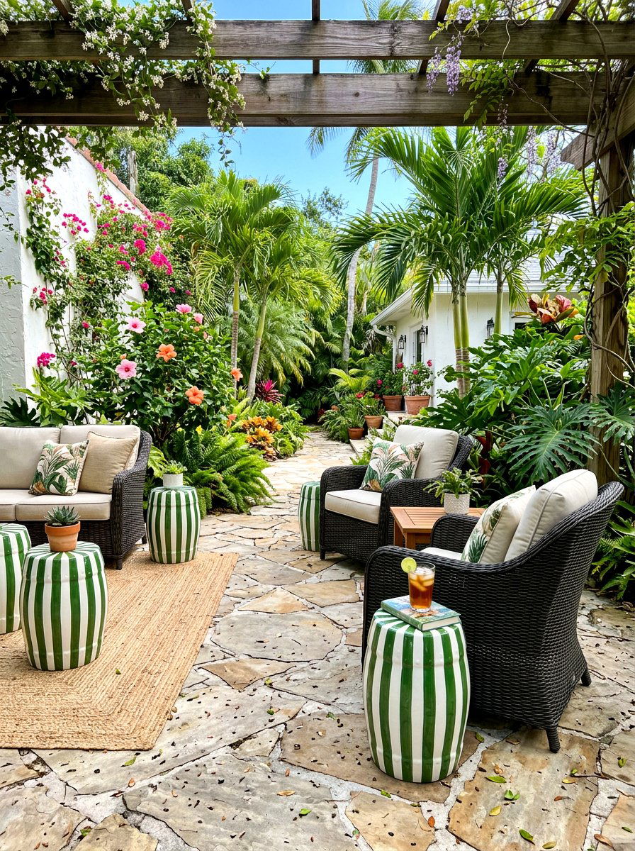 Green and white striped garden stool - 30 green and white stripe patio ideas