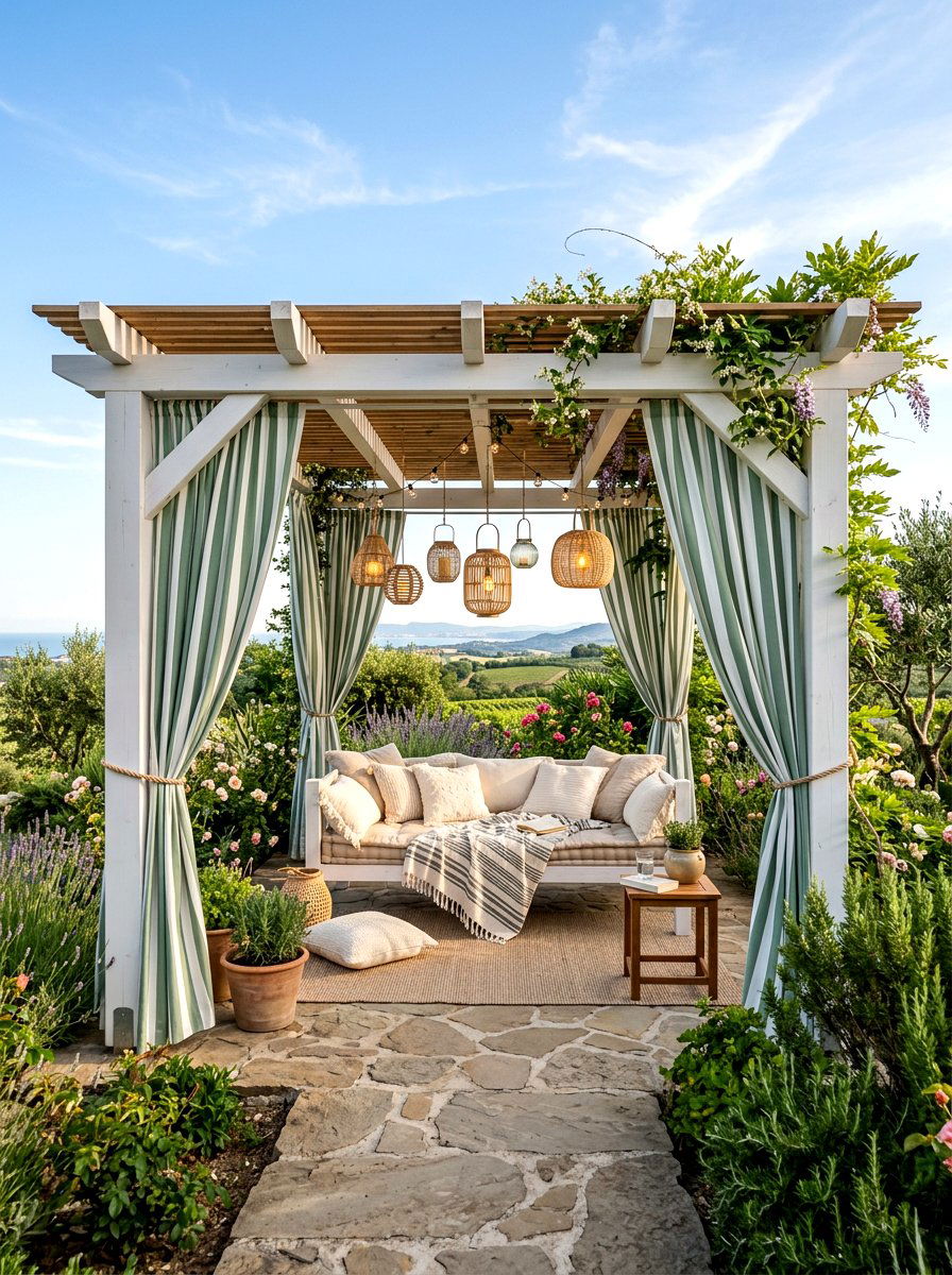 Green and white striped outdoor curtains - 30 green and white stripe patio ideas