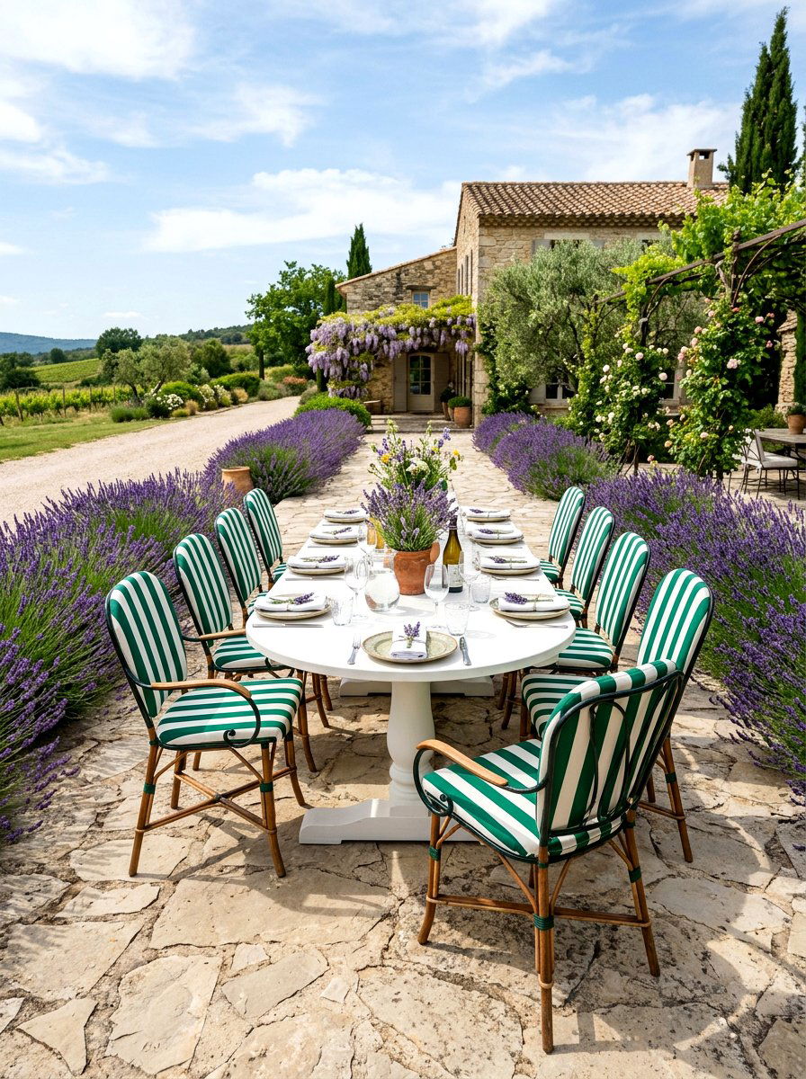 Green and white striped outdoor dining chairs - 30 green and white stripe patio ideas