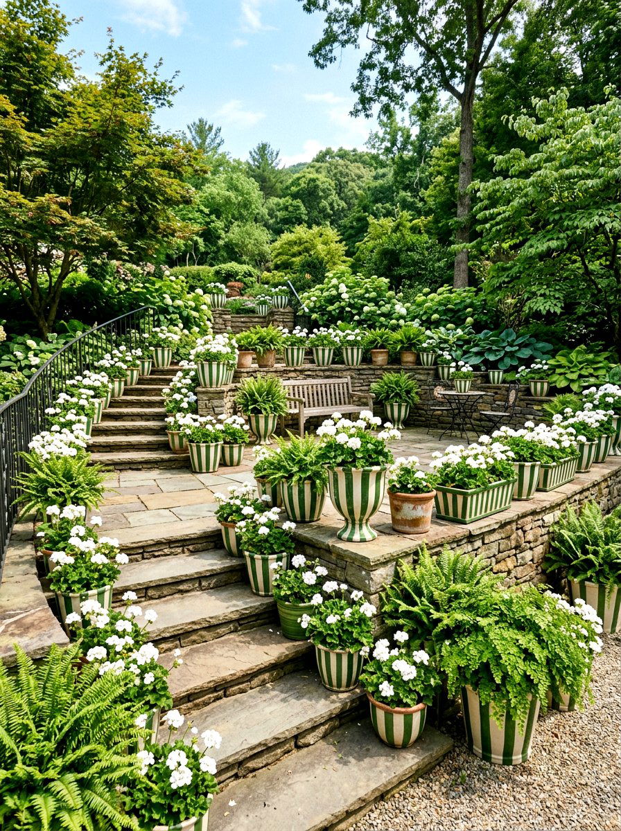Green and white striped planters - 30 green and white stripe patio ideas