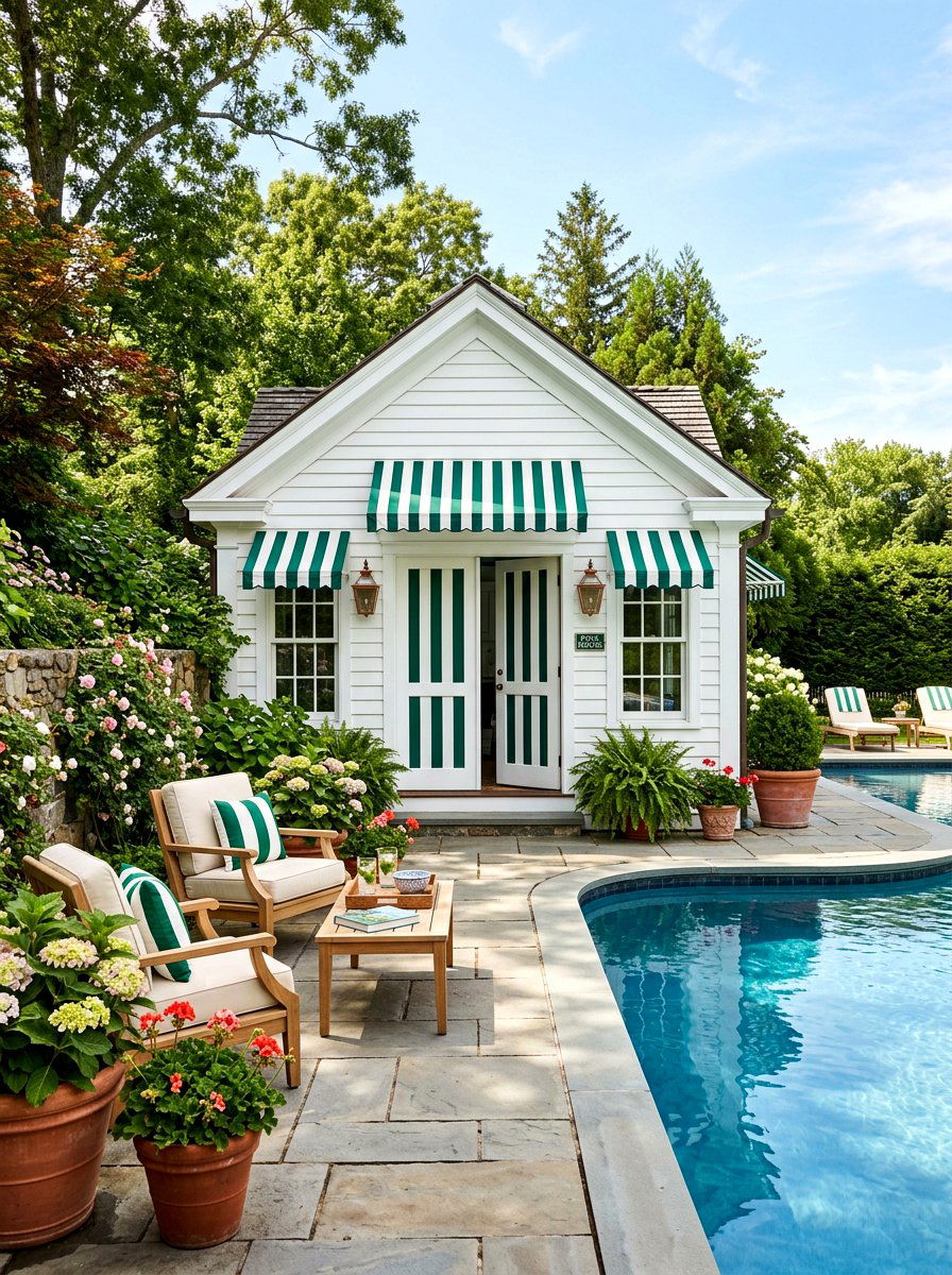Green and white striped pool house decor - 30 green and white stripe patio ideas
