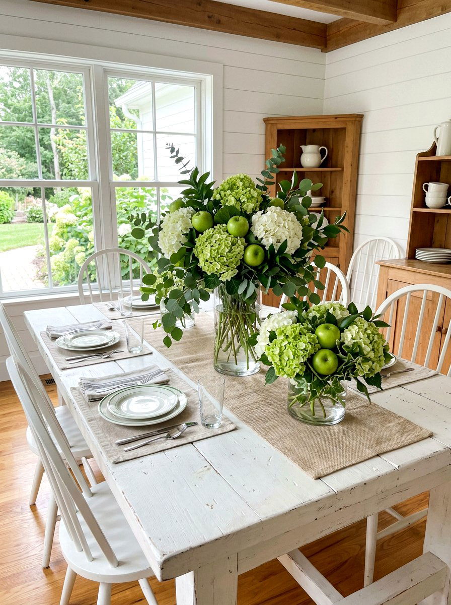 Green apple and hydrangea arrangement - 30 fruit and floral tablescape ideas