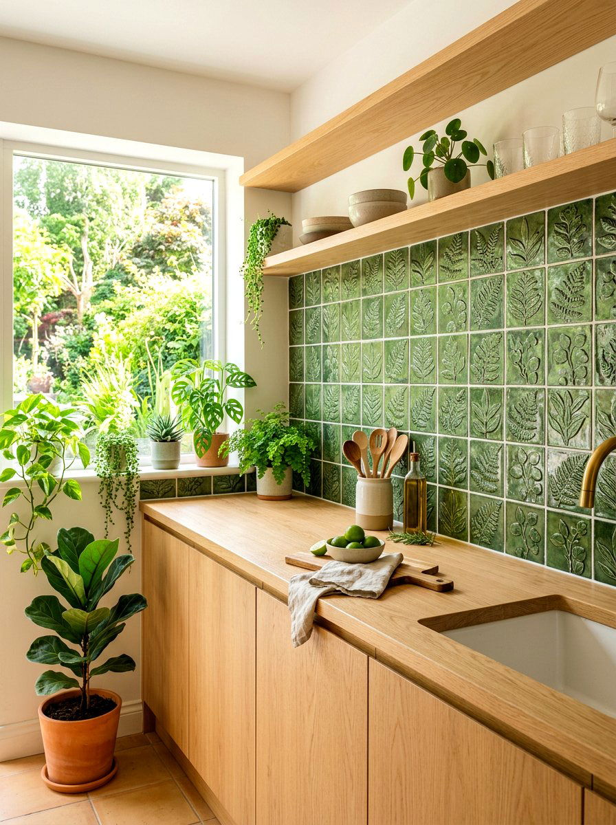 Green botanical tile backsplash - 30 laundry room backsplash ideas