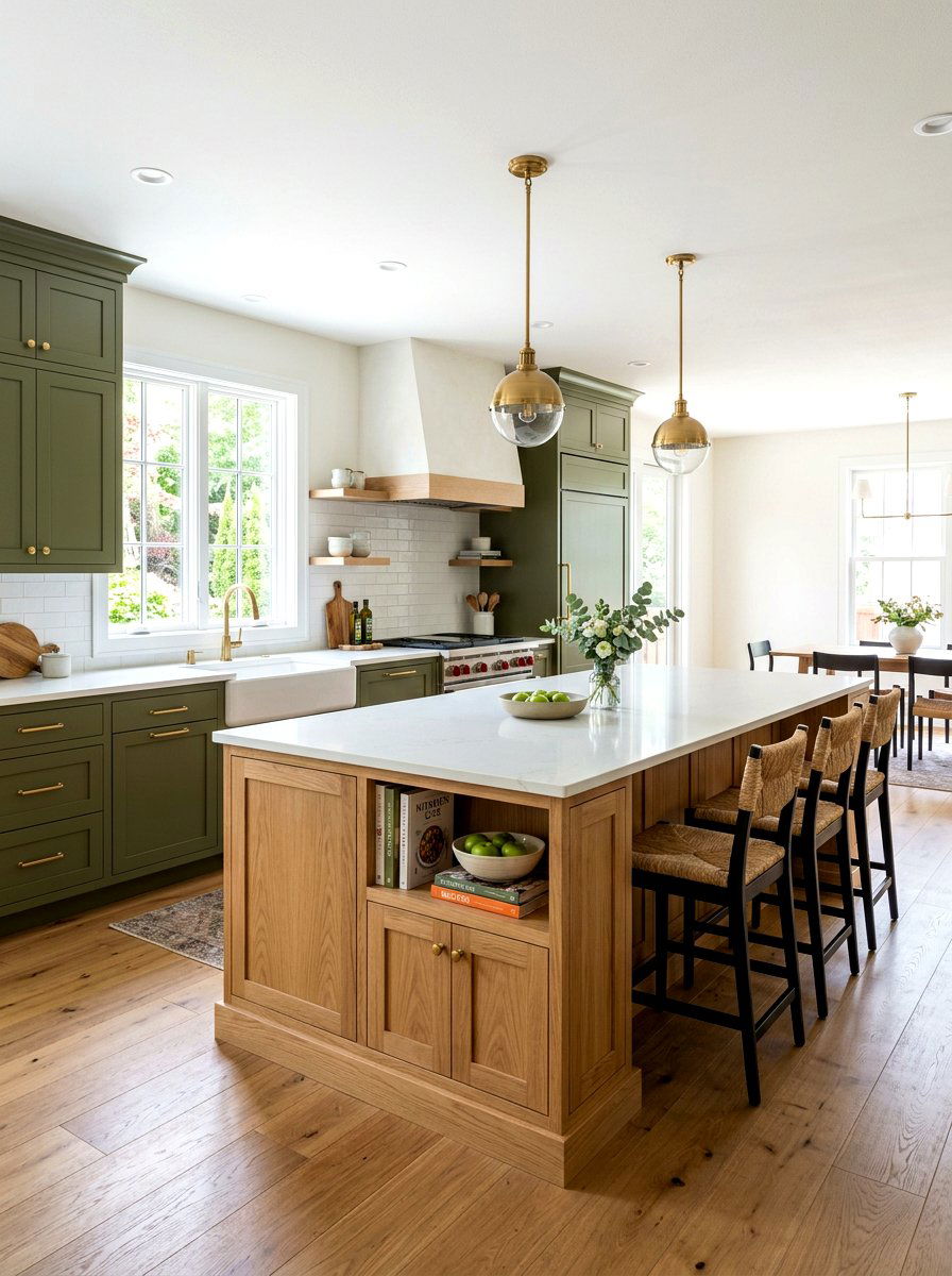 Green cabinets and wood island - 30 green and wood kitchen ideas