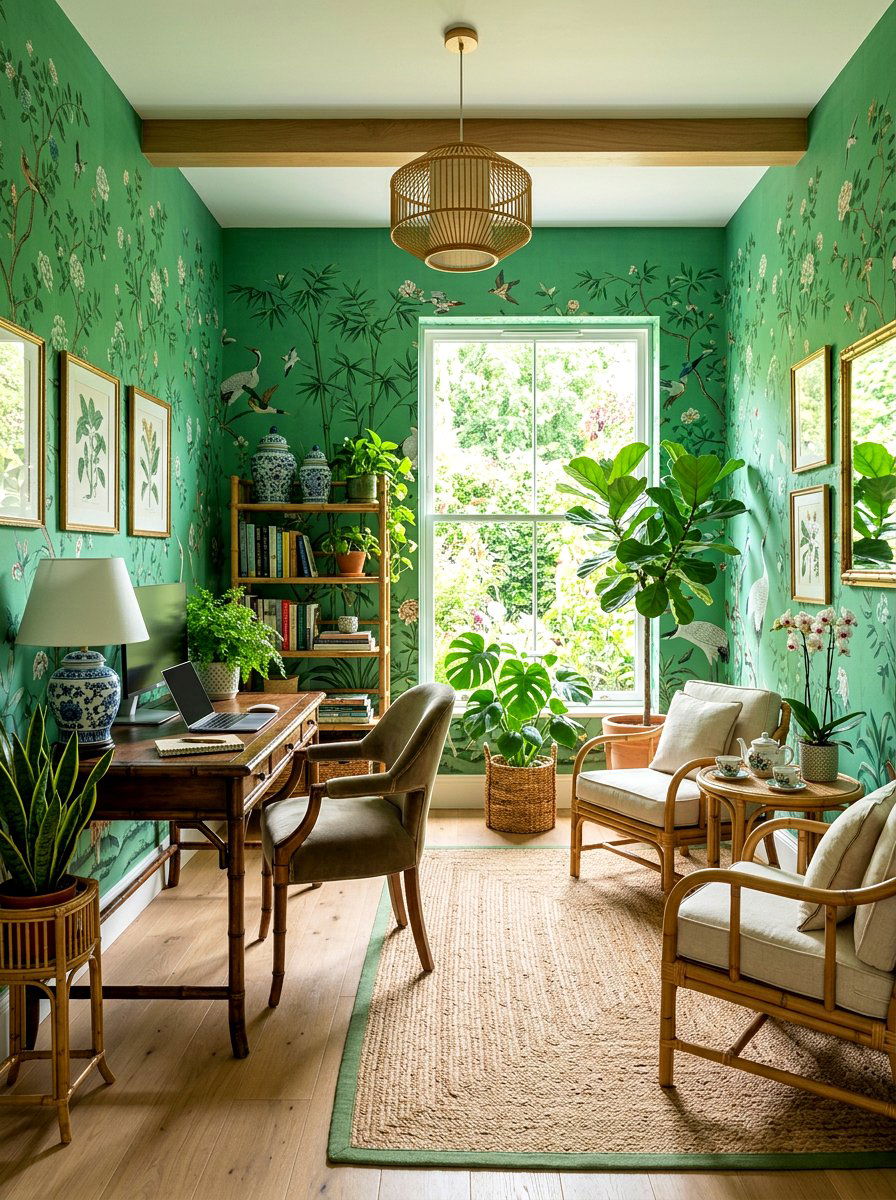 Green chinoiserie office theme - 30 chinoiserie office ideas