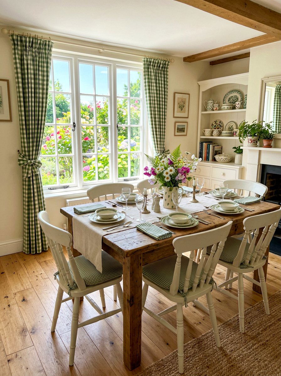 Green gingham curtains for dining windows - 30 cabbagecore dining room ideas