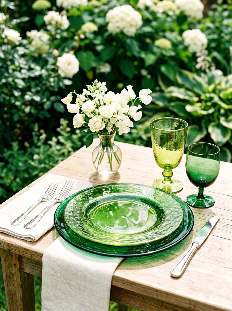Green glass layered salad plates - 30 garden salad tablescape ideas