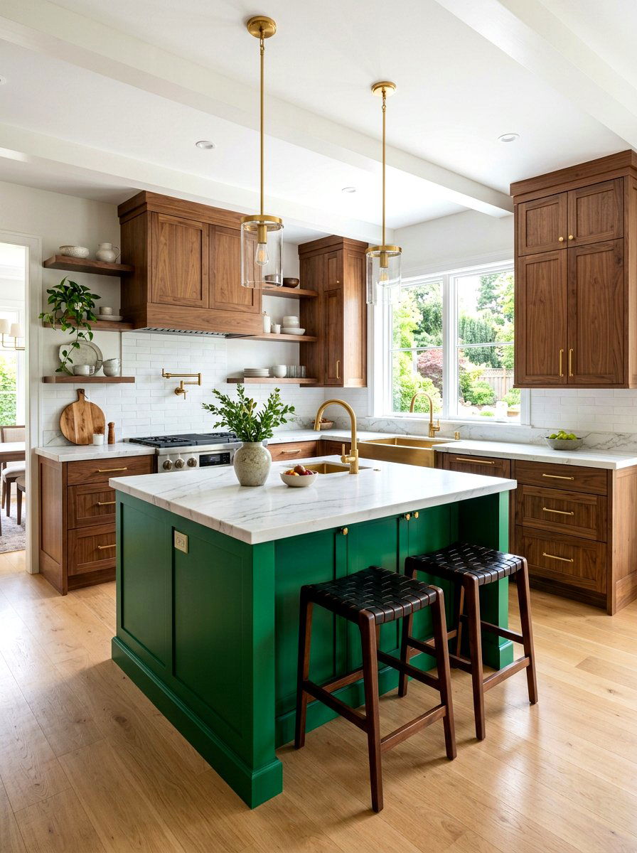 Green island and wood perimeter - 30 green and wood kitchen ideas