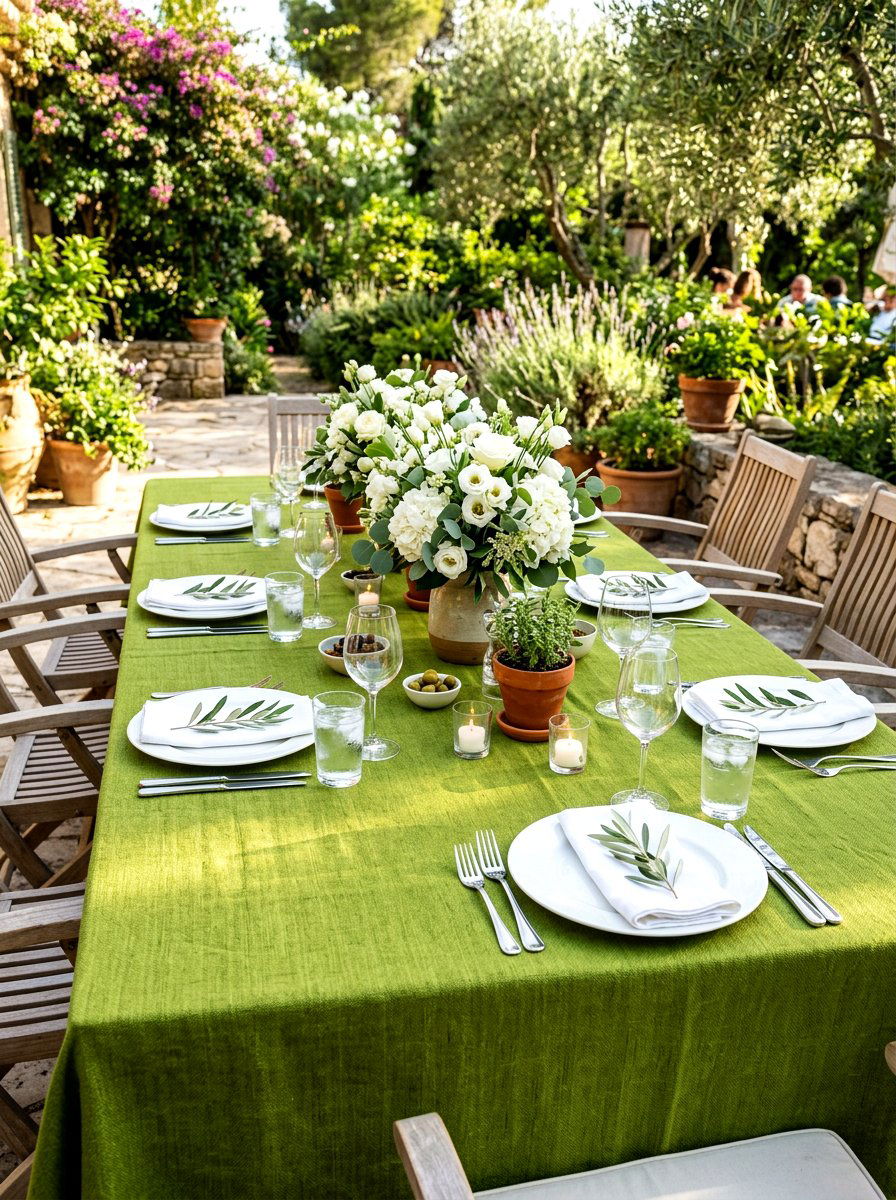 Green linen tablecloth - 30 cabbagecore tablescape ideas