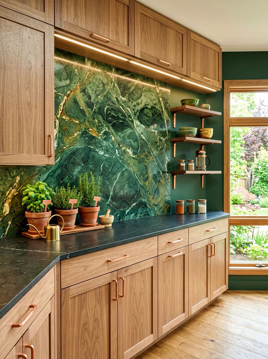 Green marble slab backsplash - 30 slab stone backsplash ideas