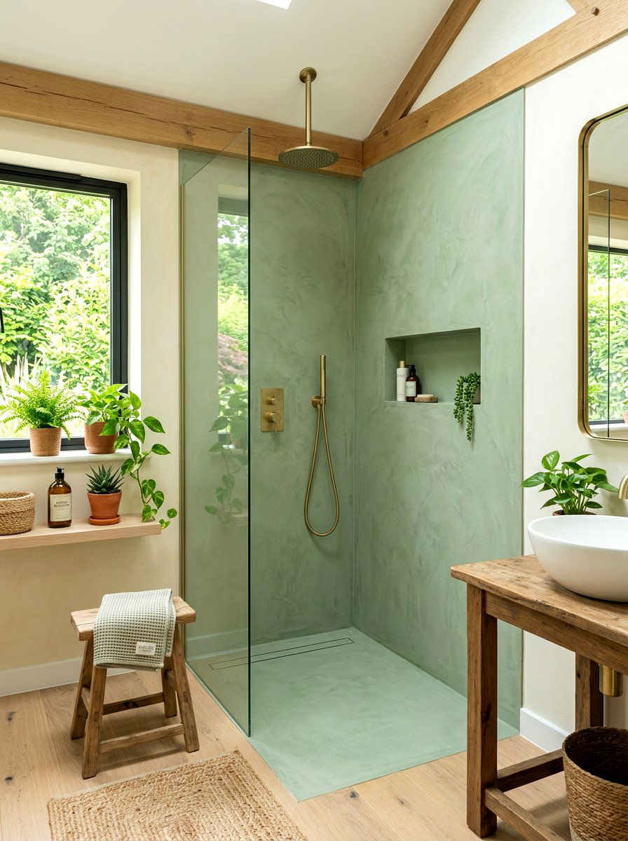 Green microcement shower - 30 microcement shower ideas