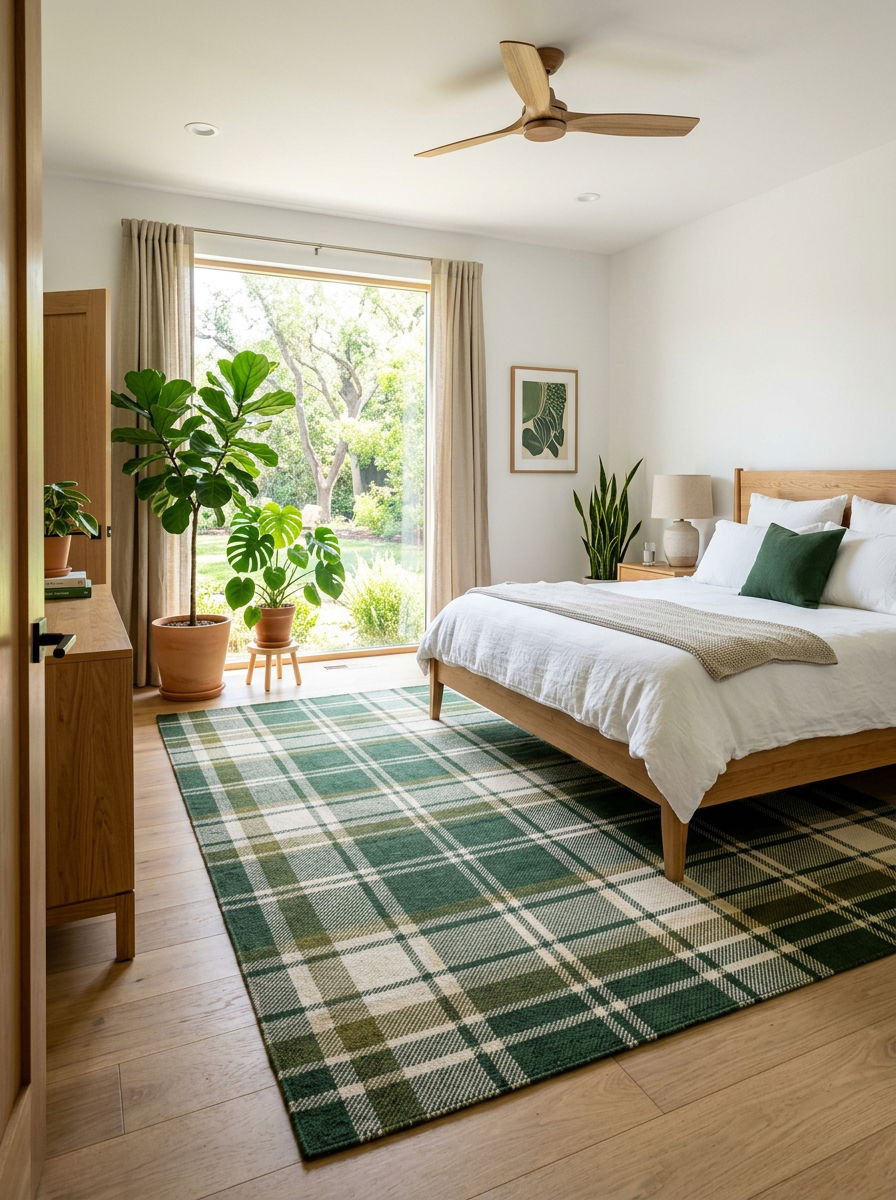 Green plaid rug - 30 plaid bedroom ideas