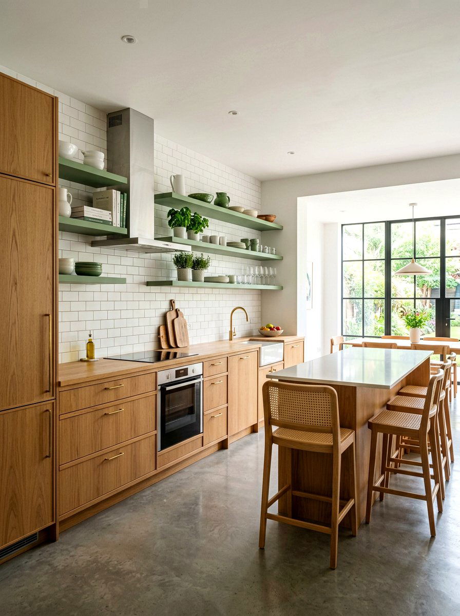 Green shelving and wood units - 30 green and wood kitchen ideas