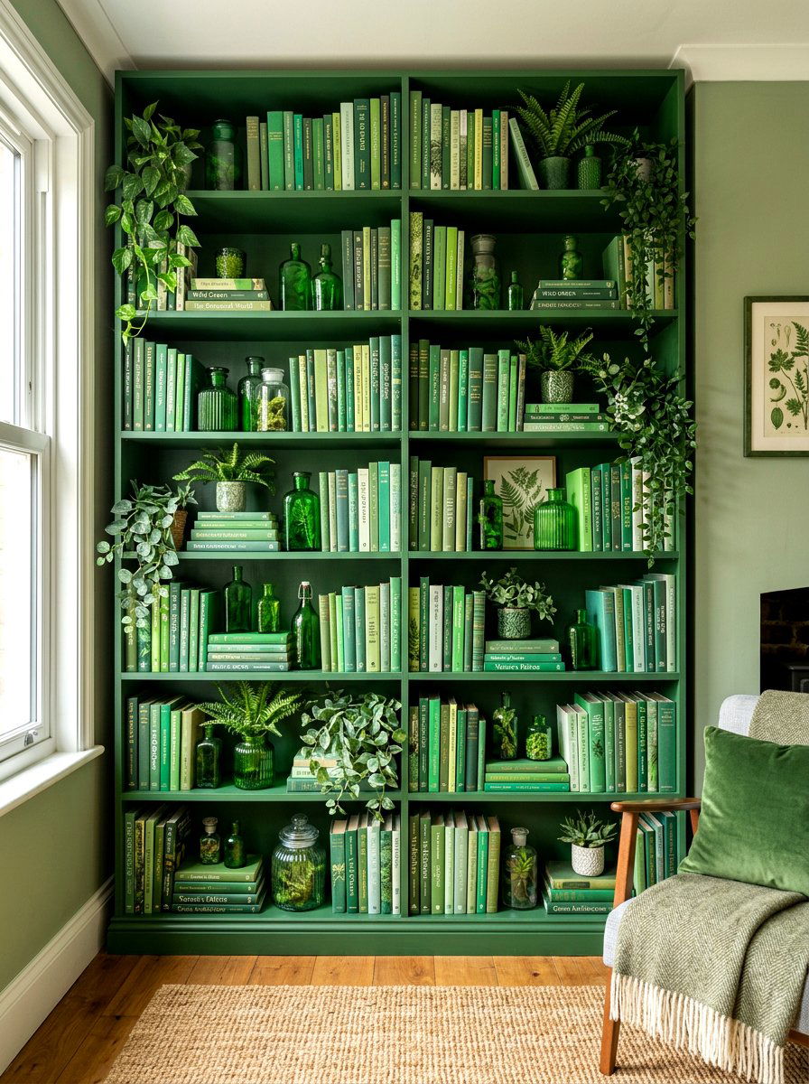 Green spring bookshelf - 30 bookshelf spring styling ideas