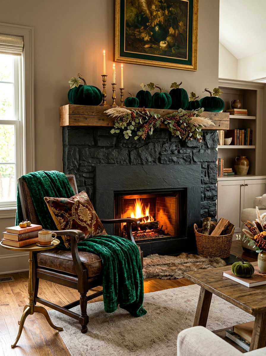 Green velvet accents - 30 moody mantel fall ideas