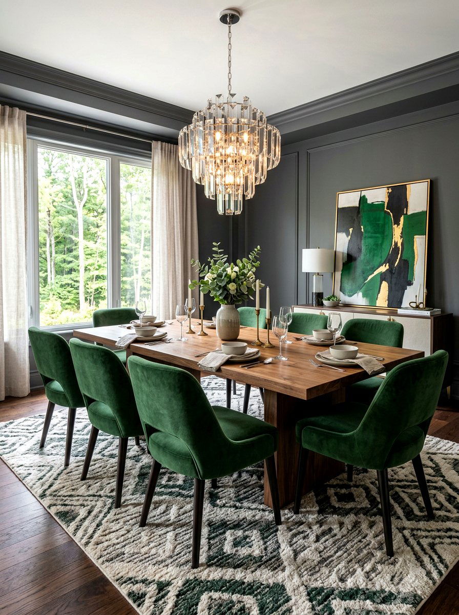 Green velvet chairs - 30 moody supper club dining ideas