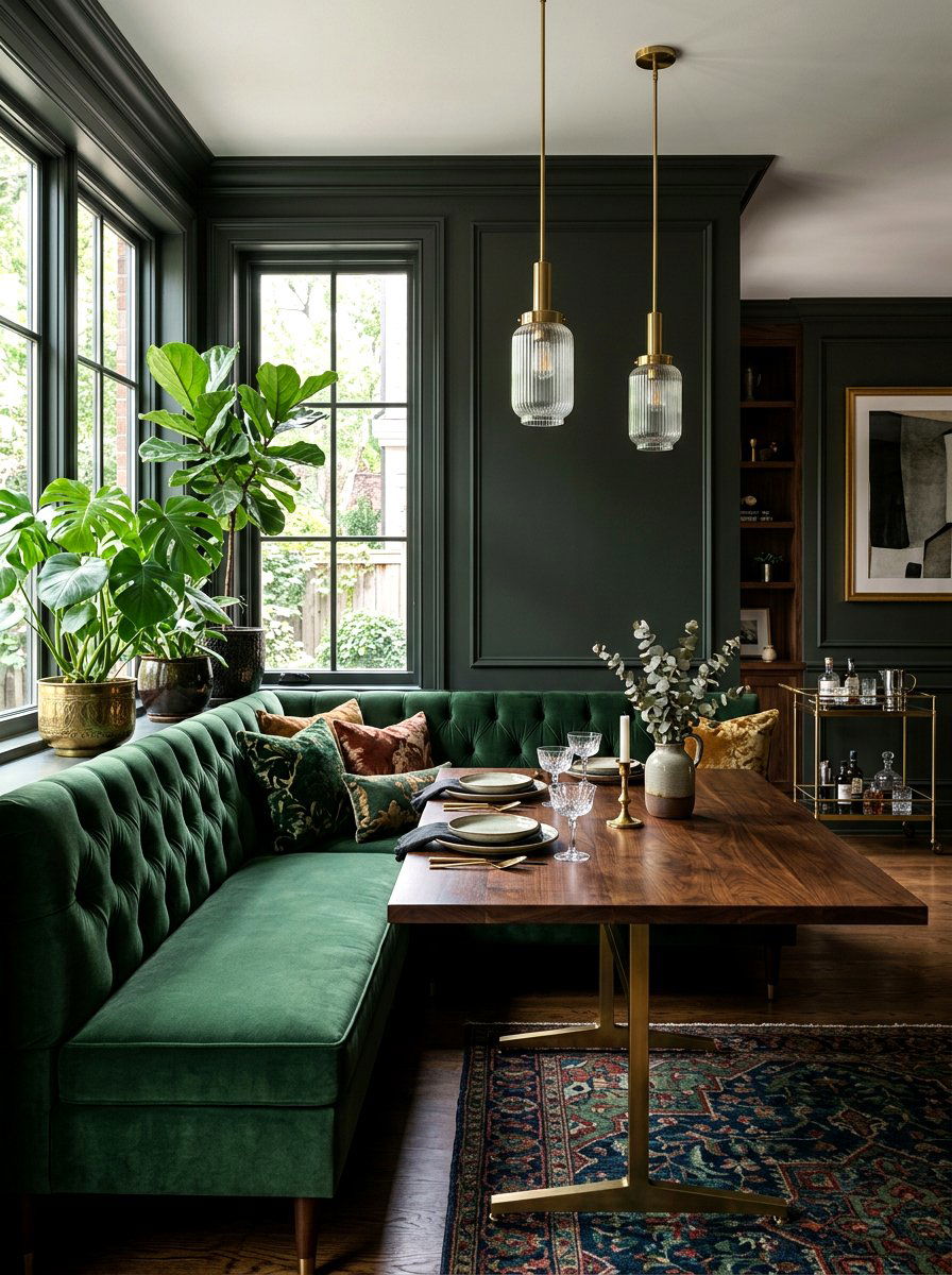 Green velvet dining nook - 30 curved banquette dining ideas