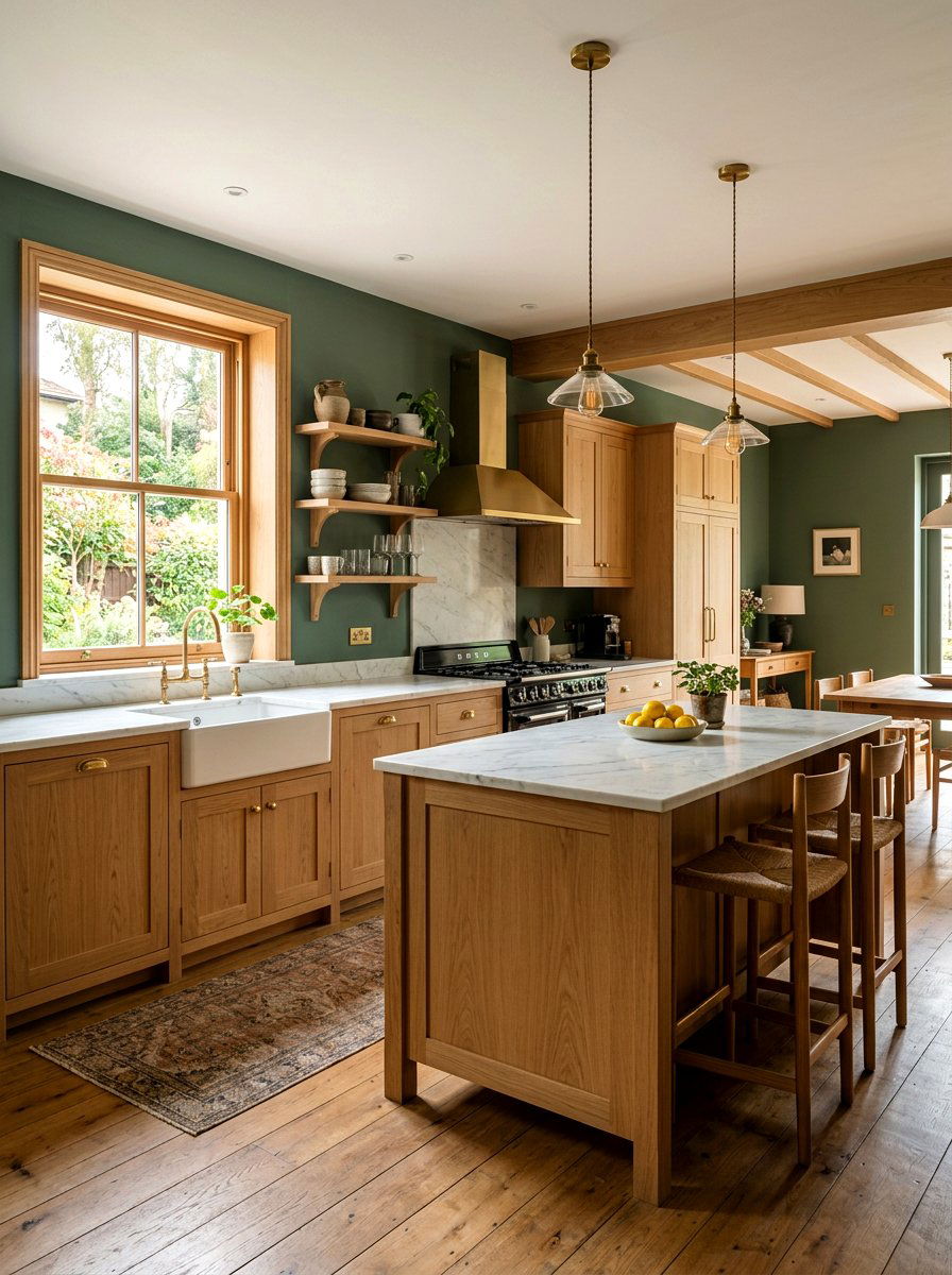 Green walls and wood cabinetry - 30 green and wood kitchen ideas