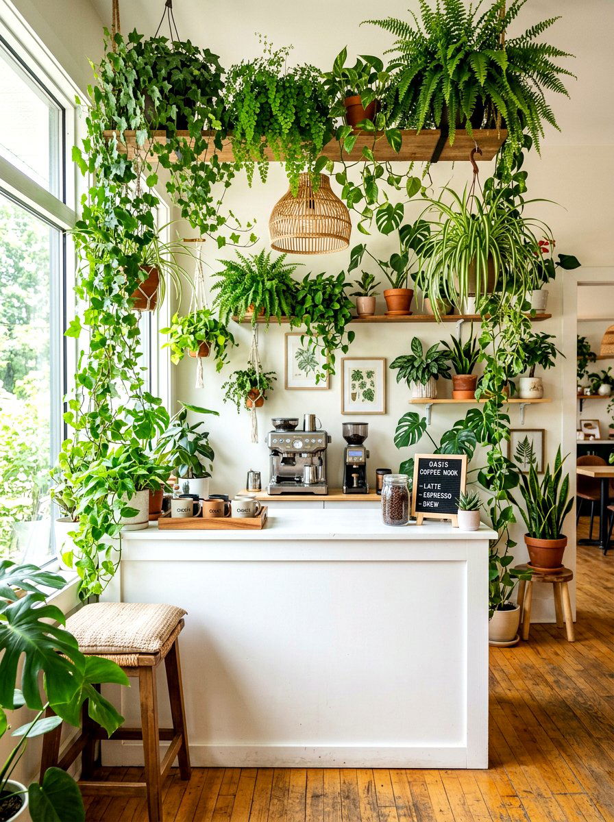 Greenery Filled Coffee Nook - 30 aesthetic home cafe setup ideas
