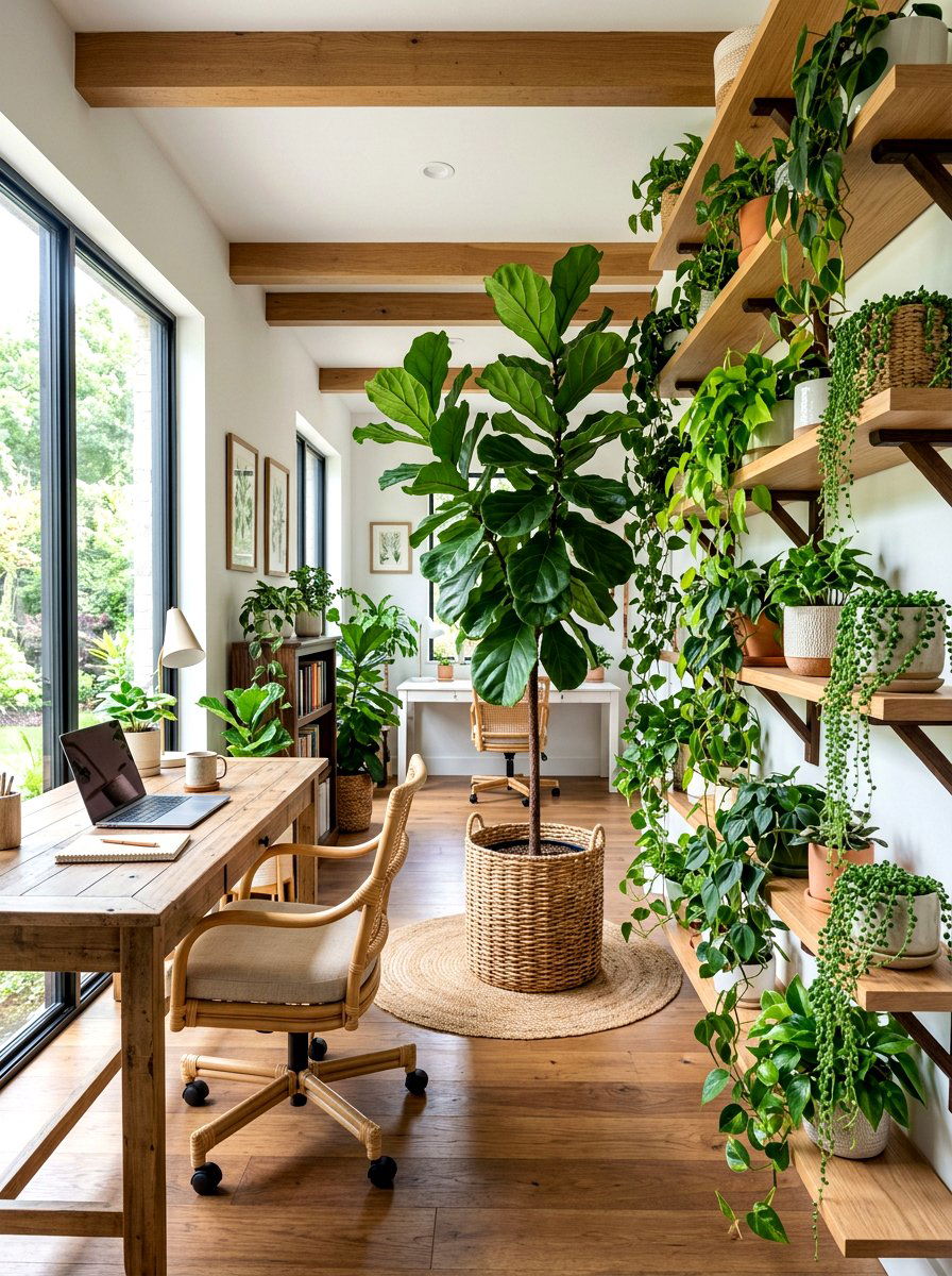 Greenery Filled Office - 30 farmhouse home office ideas