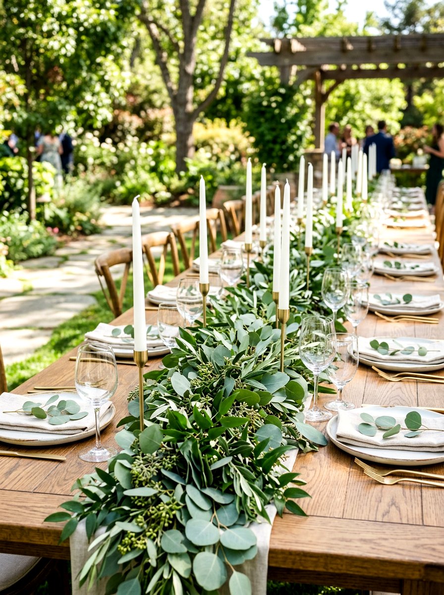 Greenery Garland Table Runner - 30 backyard wedding decor ideas