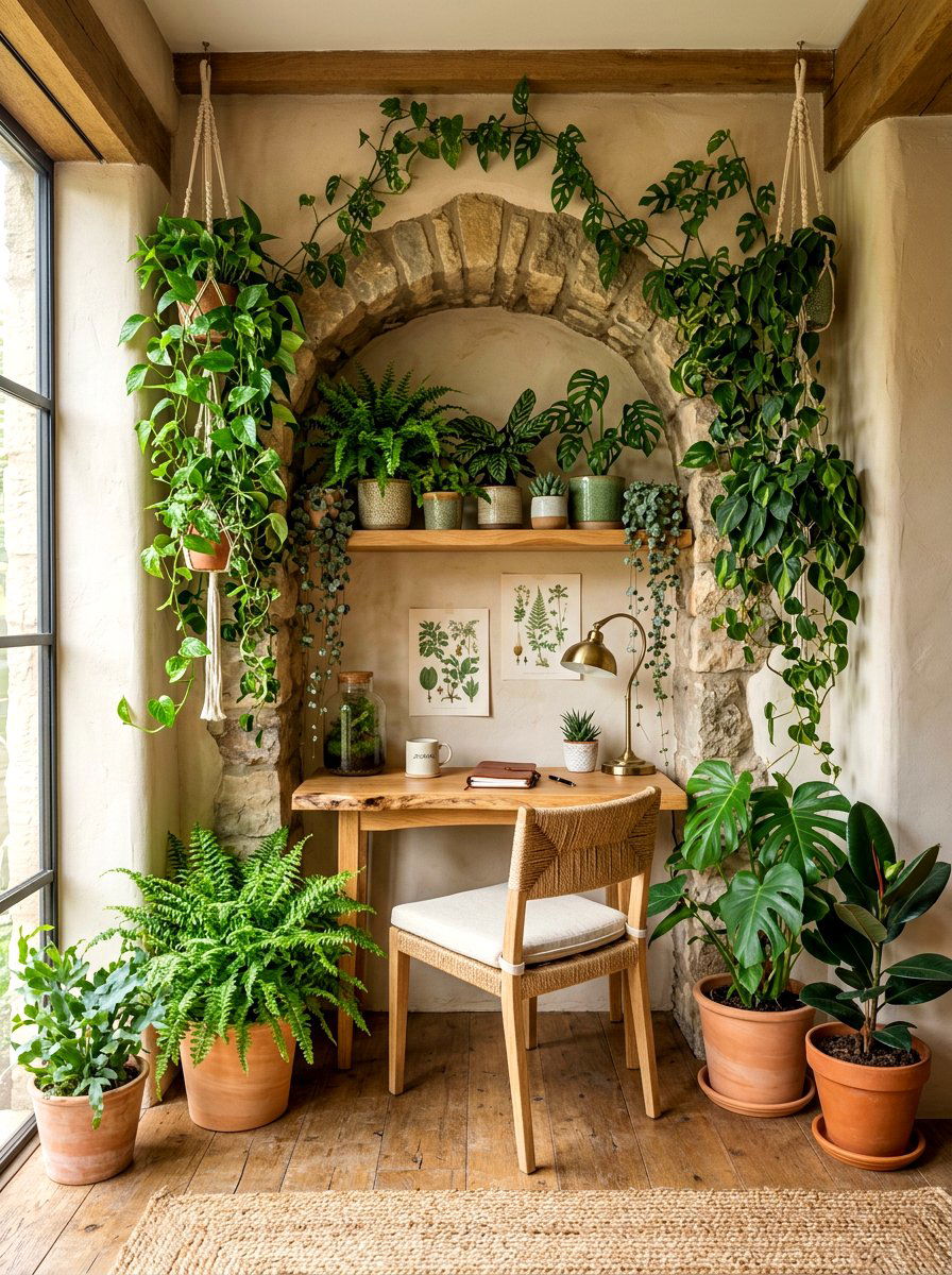 Greenery filled alcove - 30 tea and journaling corner ideas