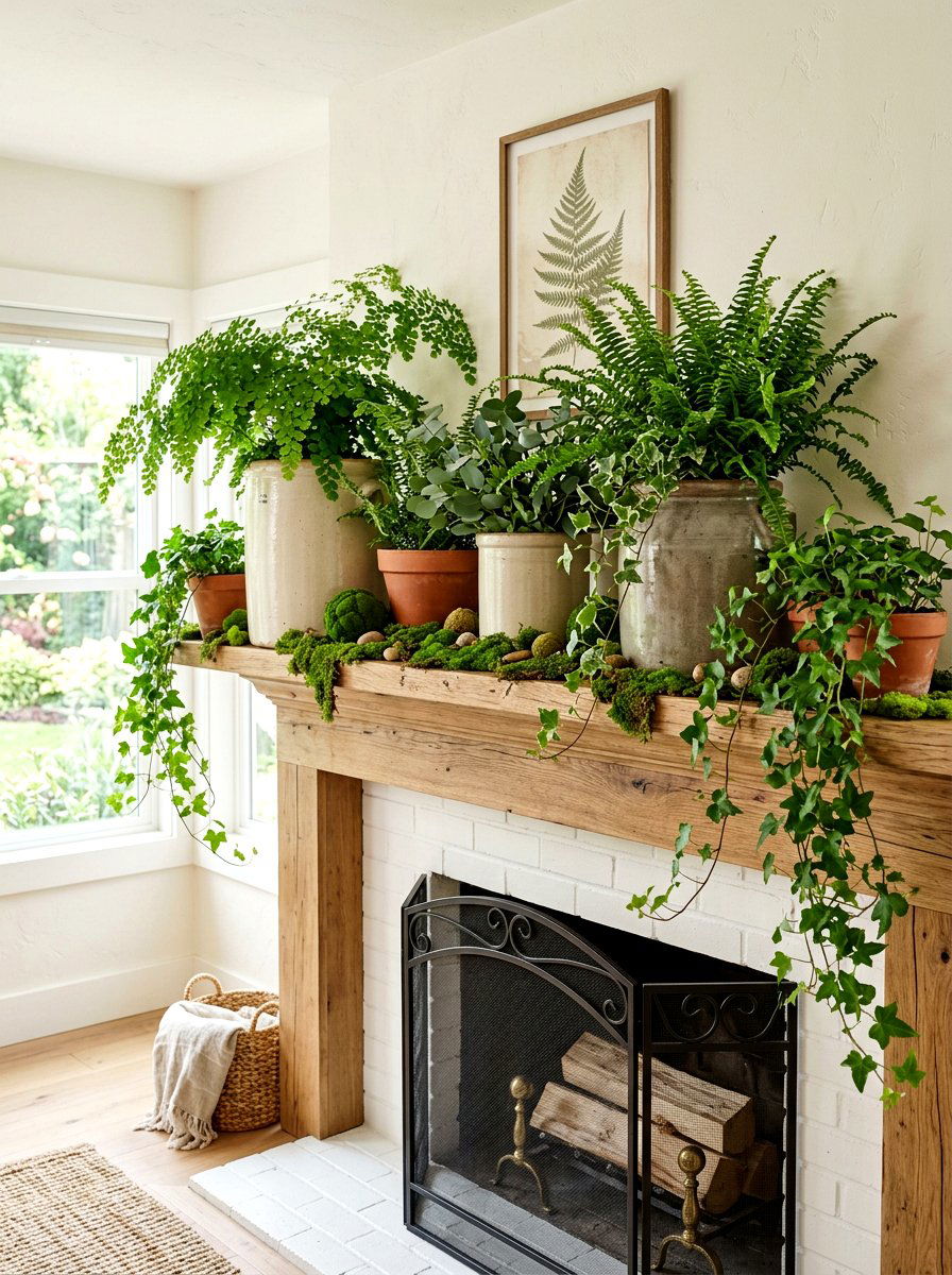 Greenery mantel - 30 summer mantel decor ideas