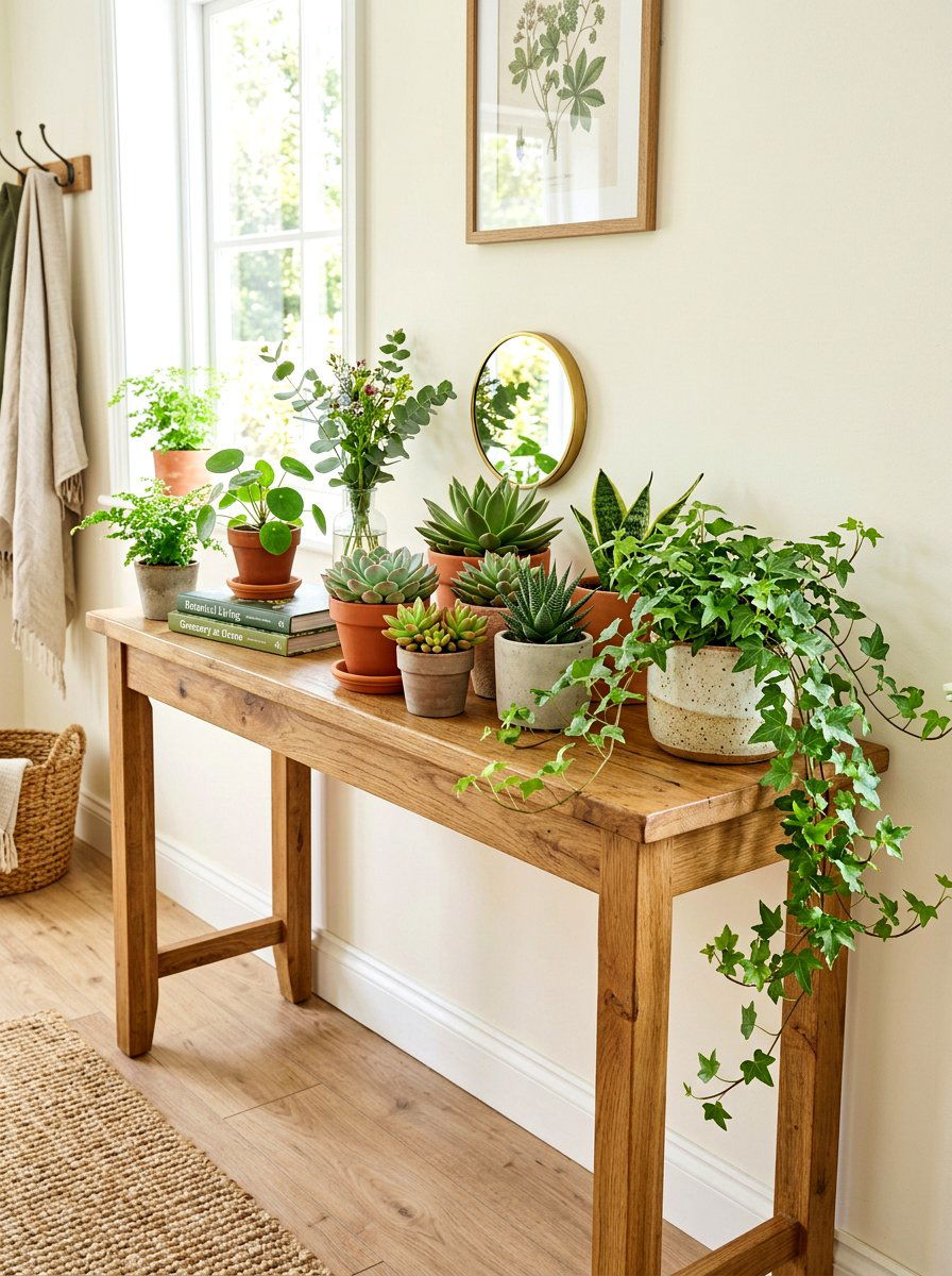 Greenery on console table - 30 hallway console styling ideas