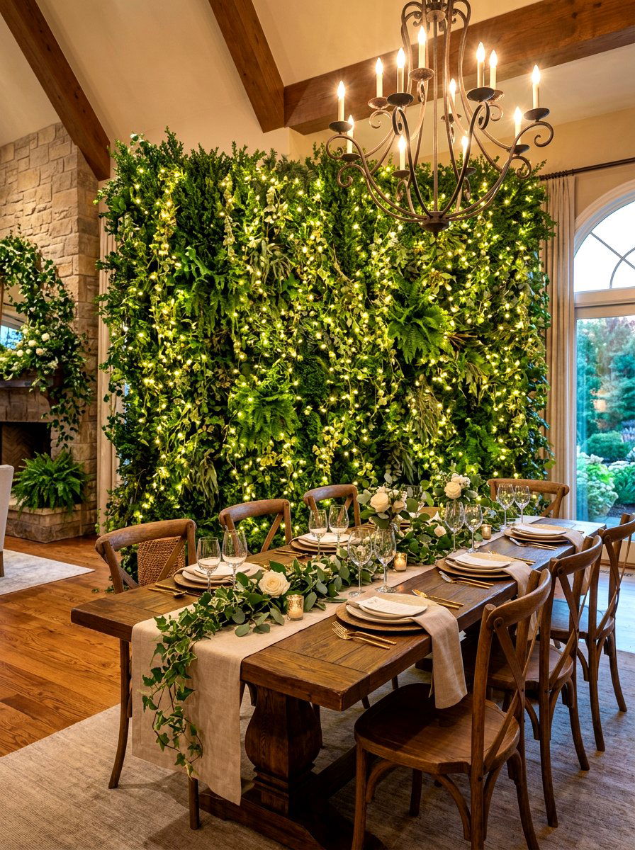 Greenery wall dinner backdrop - 30 romantic dinner party ideas at home