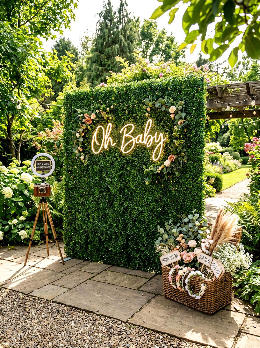 Greenery wall photo booth - 30 baby shower backyard decor ideas