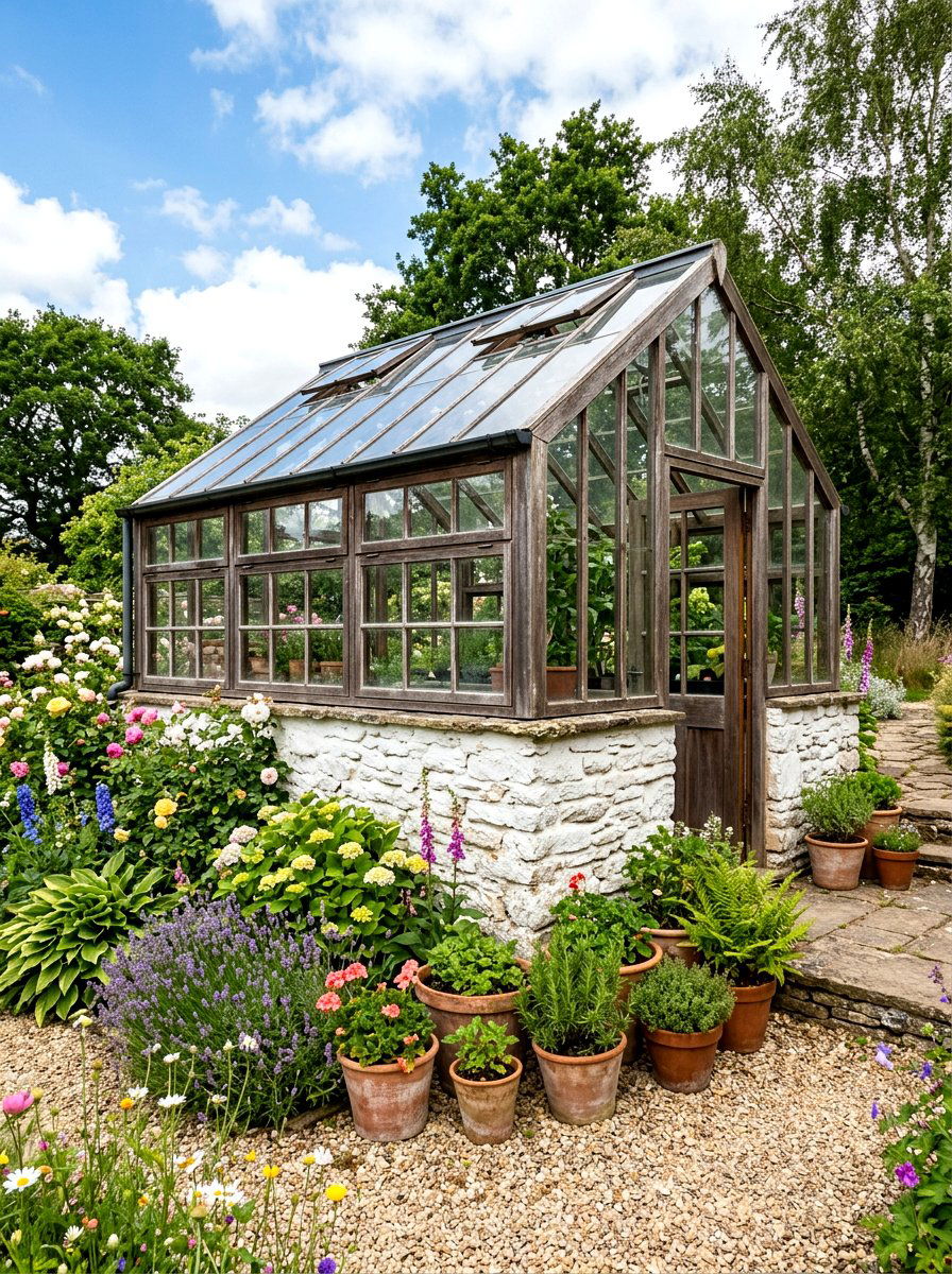 Greenhouse Base Stone Wall - 30 limewashed wall backyard ideas