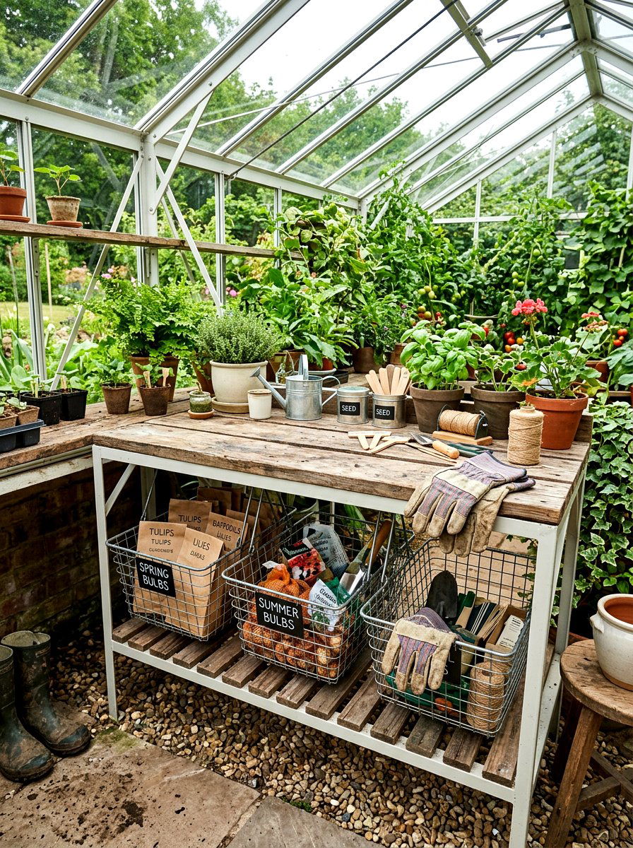 Greenhouse Bench With Wire Baskets - 30 greenhouse storage bench ideas