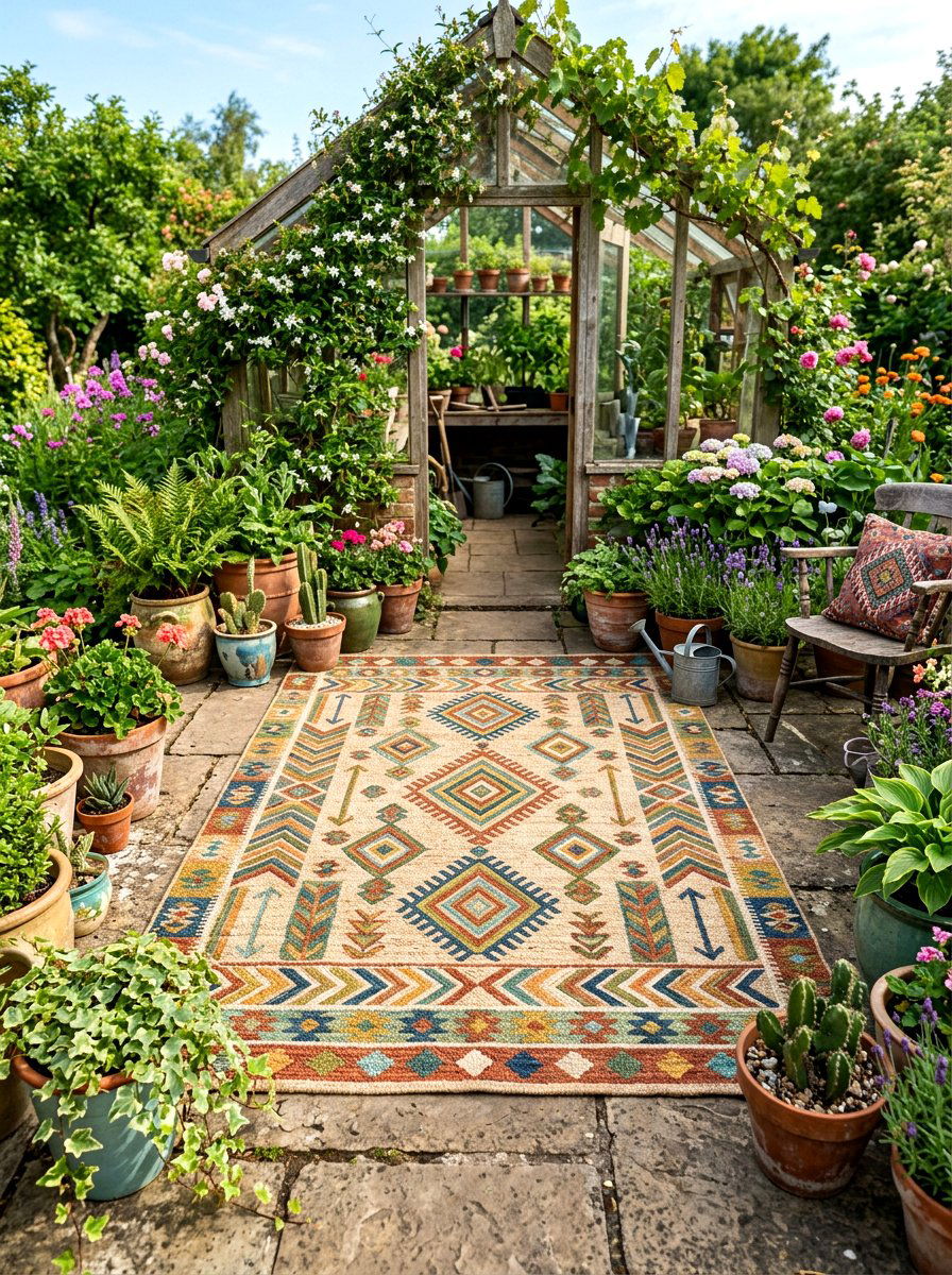 Greenhouse Boho Rug - 30 greenhouse decorative ideas
