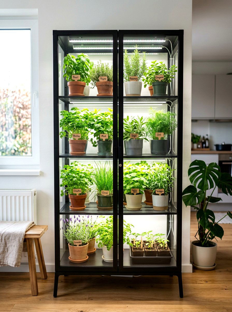Greenhouse Cabinet Herb Sanctuary - 30 herb garden corner ideas