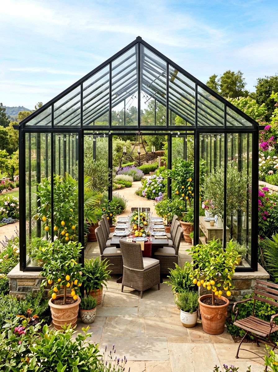 Greenhouse Dining Area - 30 edible entertaining backyard ideas