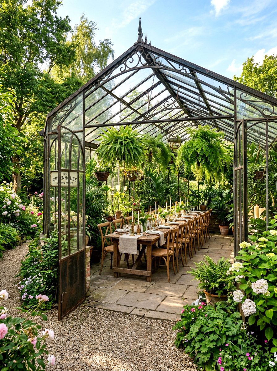 Greenhouse Dining Room - 30 hidden garden room backyard ideas