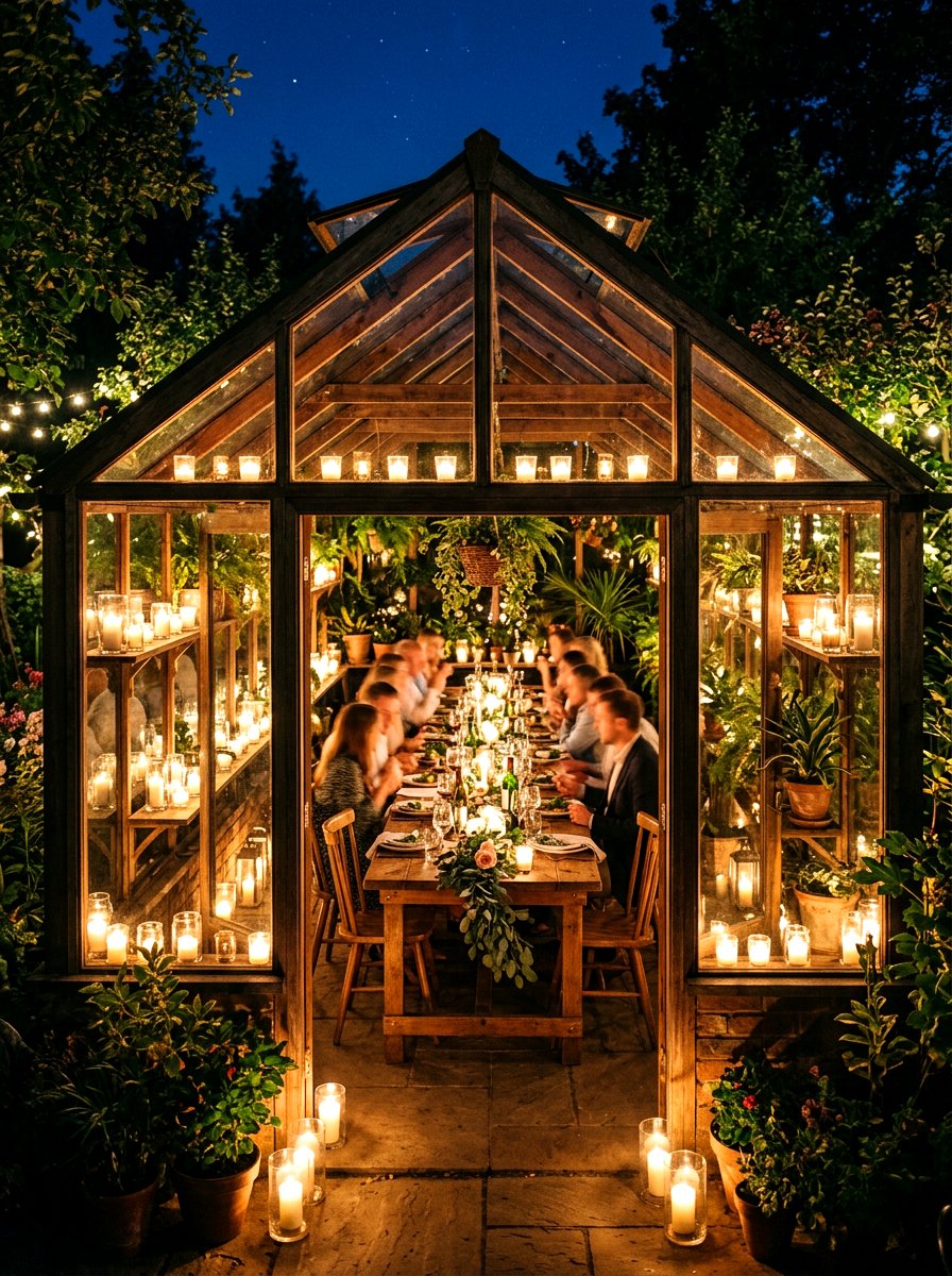 Greenhouse Dining Space - 30 backyard candlelight dinner ideas