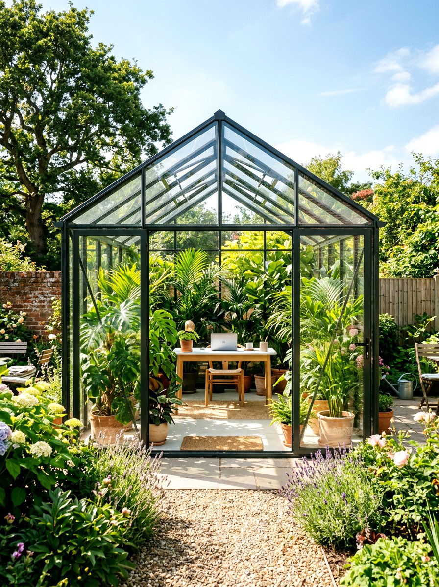 Greenhouse Garden Office - 30 garden studio backyard ideas