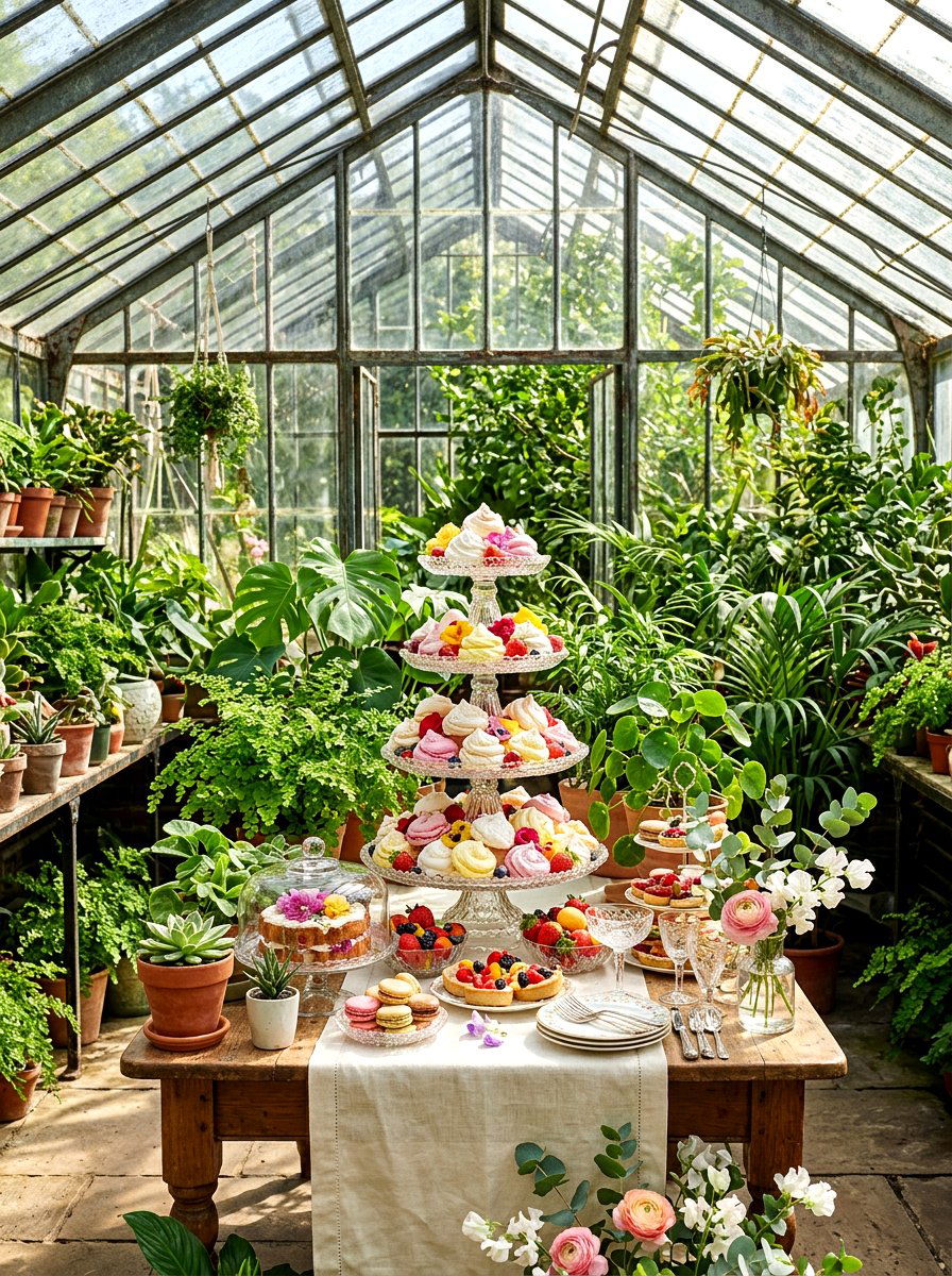 Greenhouse Glass Dessert Table - 30 outdoor dessert station ideas