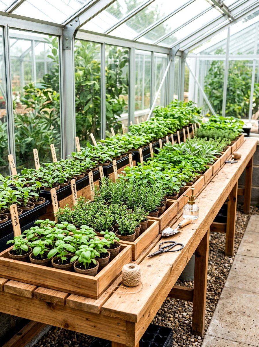 Greenhouse Herb Bench - 30 herb garden layout ideas