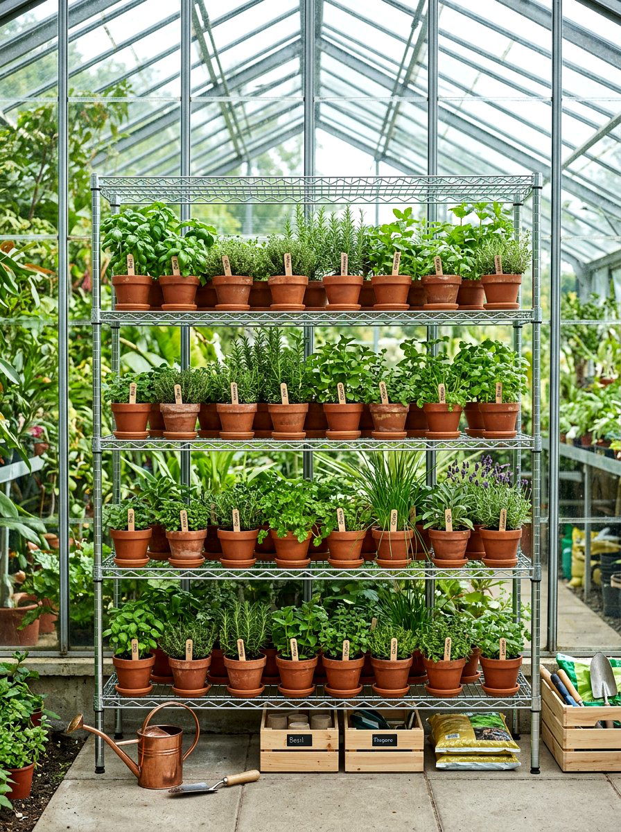 Greenhouse Herb Shelving - 30 herb garden bed ideas